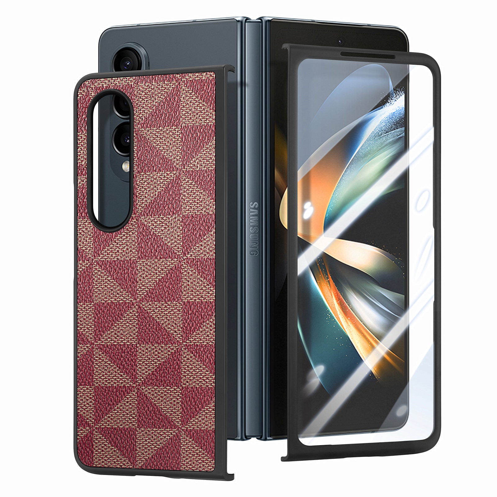 For Samsung Galaxy Z Fold4 5G PU PC Phone Case Triangle Splicing Pattern Cover with Tempered Glass Film For Samsung Galaxy Z Fold4 5G PU PC Phone Case Triangle Splicing Pattern Cover with Tempered Glass Film